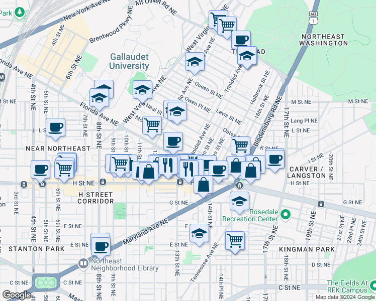 map of restaurants, bars, coffee shops, grocery stores, and more near 101 Independence Avenue Southeast in Washington