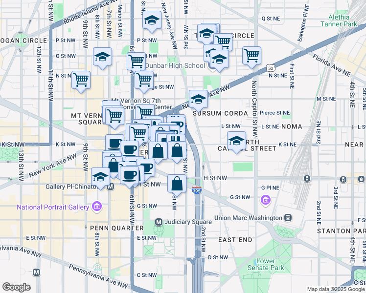 map of restaurants, bars, coffee shops, grocery stores, and more near 250 K Street Northwest in Washington