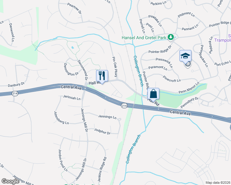 map of restaurants, bars, coffee shops, grocery stores, and more near 910 Hall Station Drive in Bowie