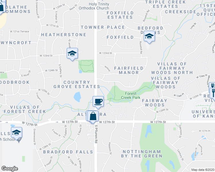 map of restaurants, bars, coffee shops, grocery stores, and more near 12510 Noland Street in Overland Park