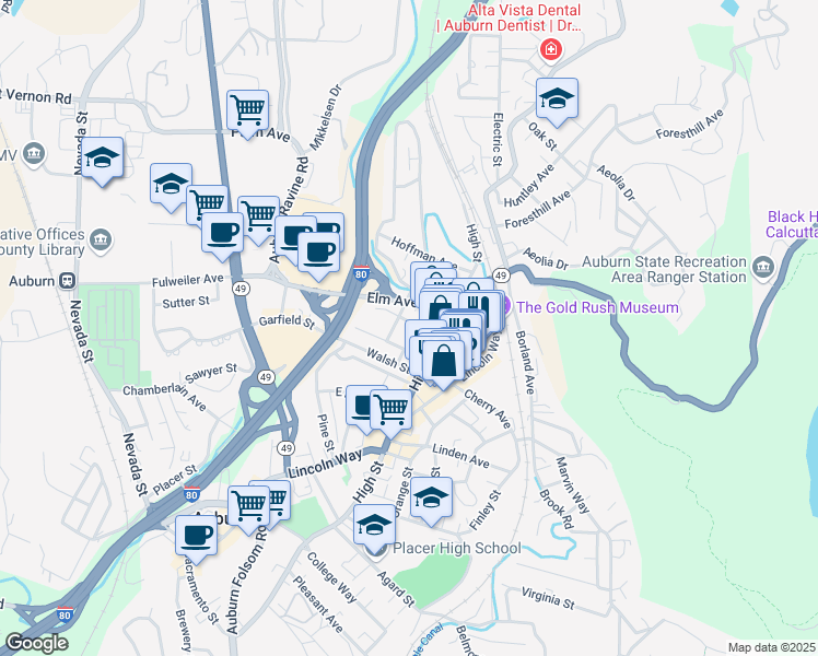 map of restaurants, bars, coffee shops, grocery stores, and more near 173 Center Street in Auburn