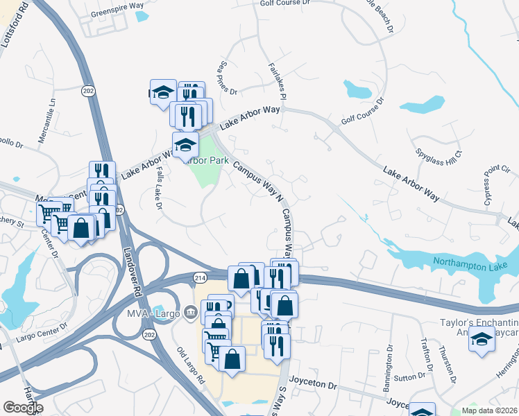 map of restaurants, bars, coffee shops, grocery stores, and more near 917 Westhaven Drive in Bowie