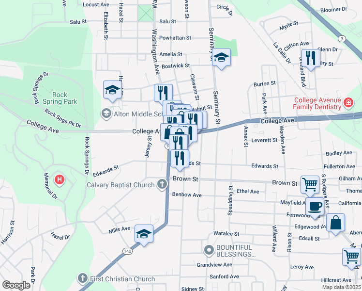map of restaurants, bars, coffee shops, grocery stores, and more near 1632 Main Street in Alton