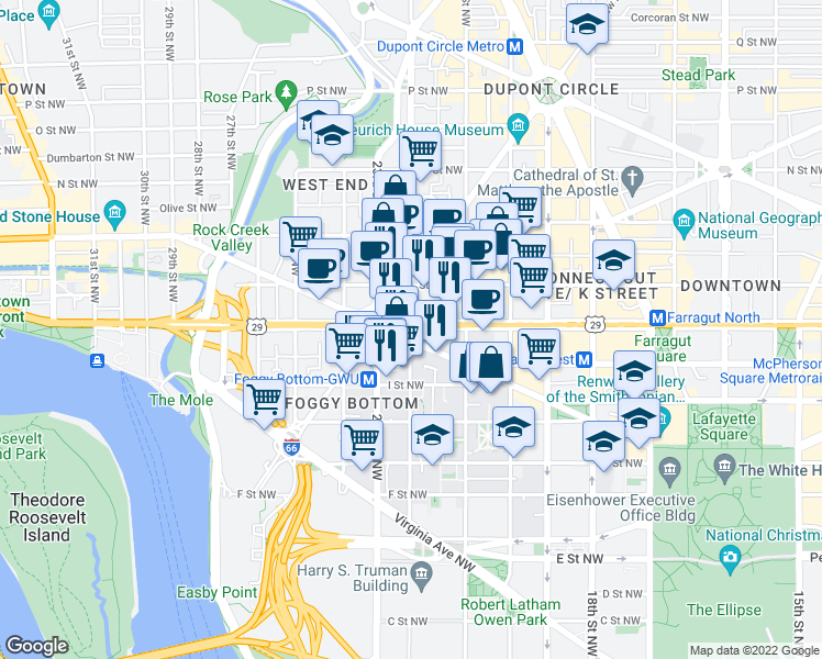 map of restaurants, bars, coffee shops, grocery stores, and more near K St NW & 22nd St NW in Washington