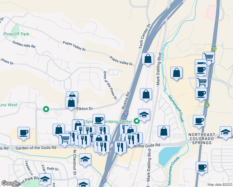 map of restaurants, bars, coffee shops, grocery stores, and more near 496 Elkton Drive in Colorado Springs