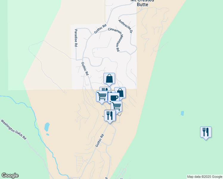 map of restaurants, bars, coffee shops, grocery stores, and more near 39 Whetstone Road in Crested Butte