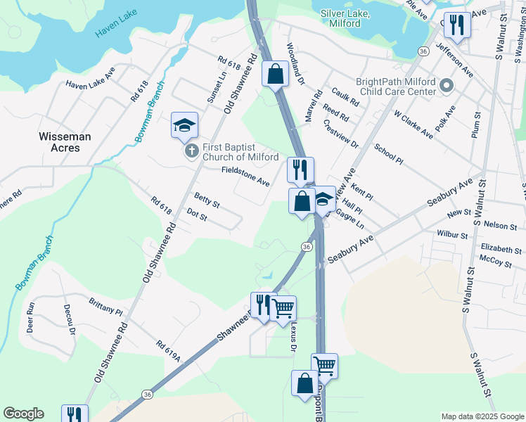 map of restaurants, bars, coffee shops, grocery stores, and more near 6340 Pebblebrook Drive in Milford