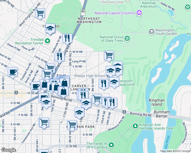 map of restaurants, bars, coffee shops, grocery stores, and more near 101 Independence Avenue Southeast in Washington