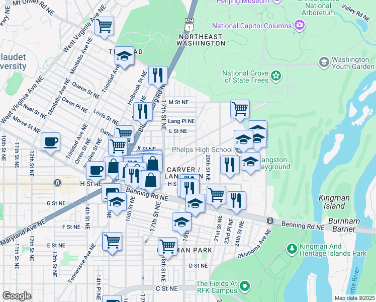 map of restaurants, bars, coffee shops, grocery stores, and more near 101 Independence Avenue Southeast in Washington
