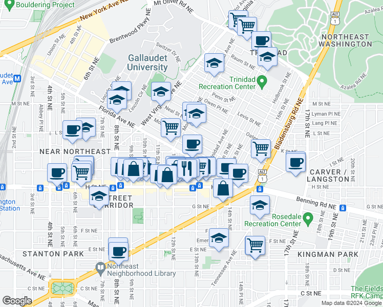 map of restaurants, bars, coffee shops, grocery stores, and more near 101 Independence Avenue Southeast in Washington