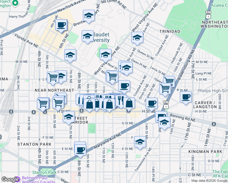 map of restaurants, bars, coffee shops, grocery stores, and more near in Washington