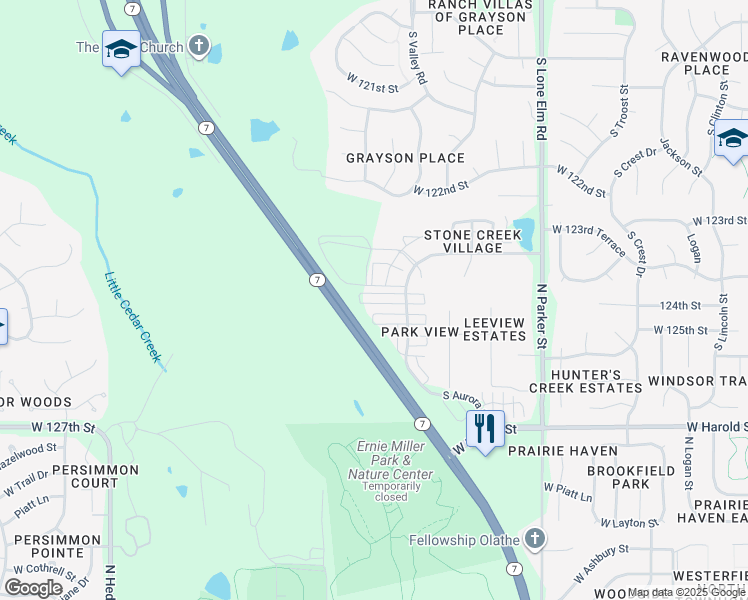 map of restaurants, bars, coffee shops, grocery stores, and more near 22113 West 124th Terrace in Olathe