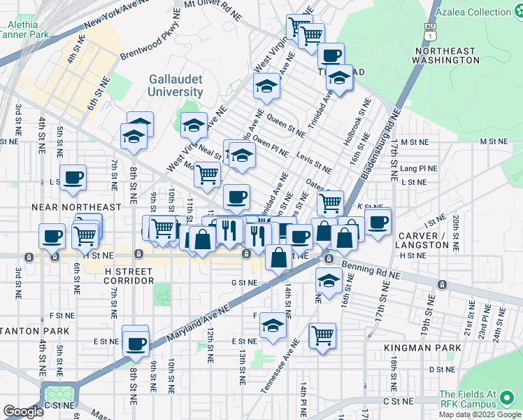 map of restaurants, bars, coffee shops, grocery stores, and more near 1267 Morse Street Northeast in Washington