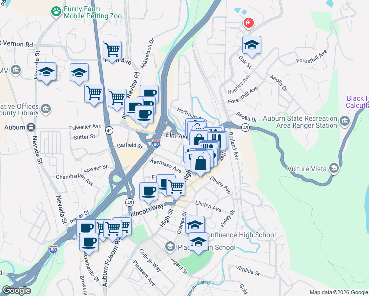 map of restaurants, bars, coffee shops, grocery stores, and more near 173 Center Street in Auburn