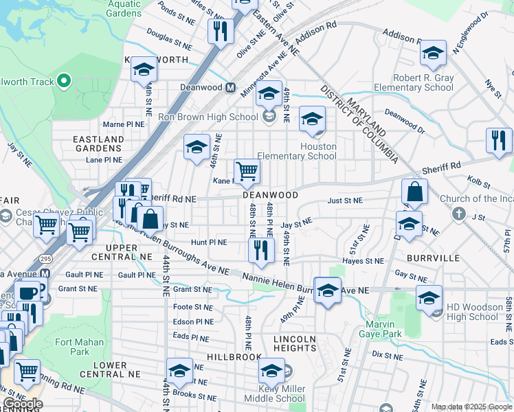 map of restaurants, bars, coffee shops, grocery stores, and more near 929 48th Street Northeast in Washington