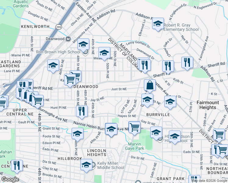 map of restaurants, bars, coffee shops, grocery stores, and more near 5037 Just Street Northeast in Washington