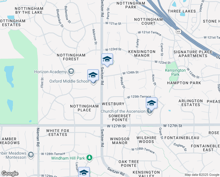 map of restaurants, bars, coffee shops, grocery stores, and more near 12425 Perry Street in Overland Park