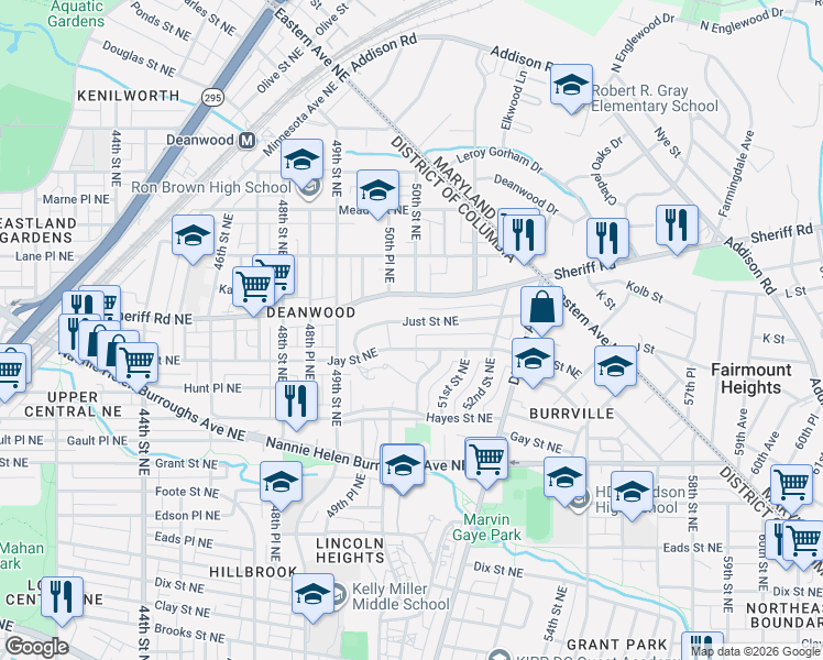 map of restaurants, bars, coffee shops, grocery stores, and more near 5037 Just Street Northeast in Washington