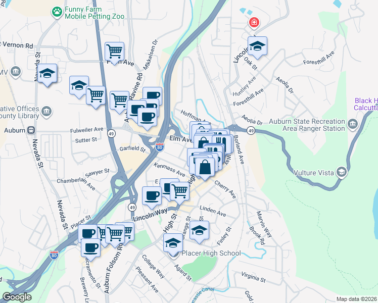map of restaurants, bars, coffee shops, grocery stores, and more near 173 Center Street in Auburn