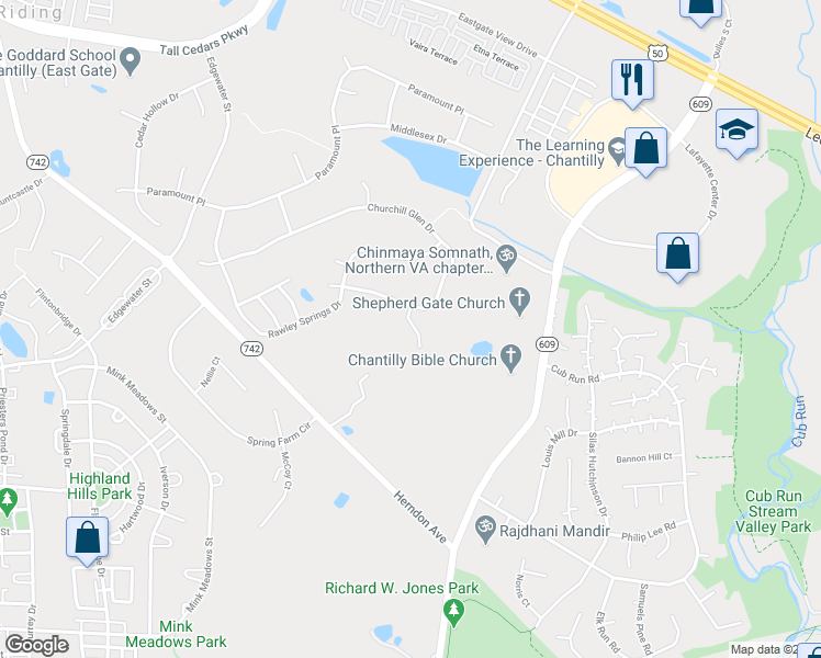 map of restaurants, bars, coffee shops, grocery stores, and more near 25834 Janes Court in Chantilly