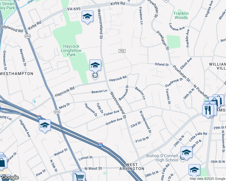 map of restaurants, bars, coffee shops, grocery stores, and more near 2201 Westmoreland Street in Falls Church