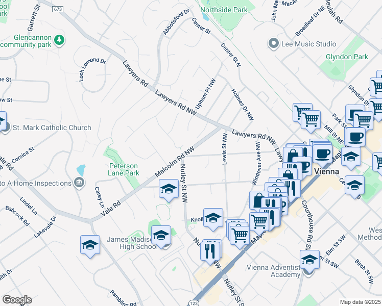 map of restaurants, bars, coffee shops, grocery stores, and more near 480 Malcolm Road Northwest in Vienna