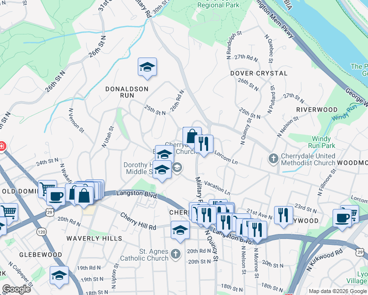 map of restaurants, bars, coffee shops, grocery stores, and more near 4058 Lorcom Lane in Arlington