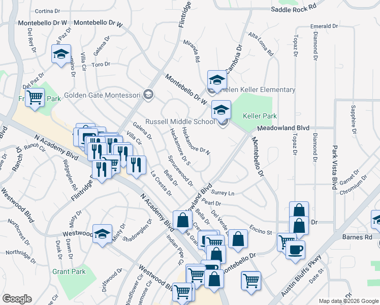 map of restaurants, bars, coffee shops, grocery stores, and more near 4816 Hackamore Drive North in Colorado Springs