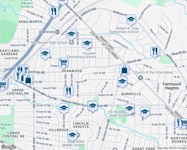 map of restaurants, bars, coffee shops, grocery stores, and more near 5025 Just Street Northeast in Washington