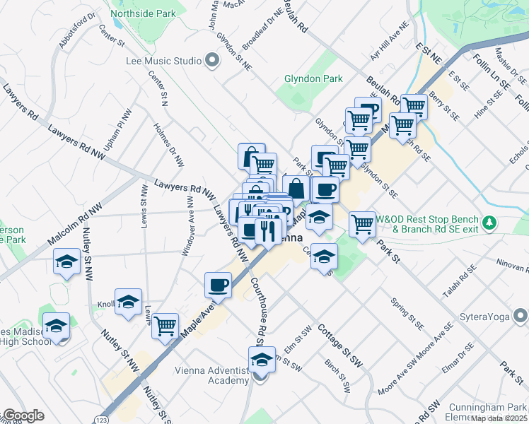 map of restaurants, bars, coffee shops, grocery stores, and more near 101 Church Street Northwest in Vienna