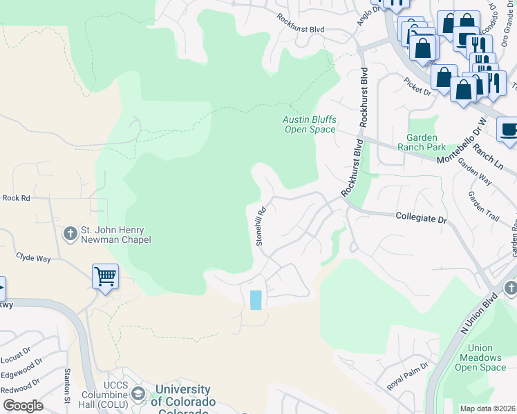 map of restaurants, bars, coffee shops, grocery stores, and more near 4824 Stonehill Road in Colorado Springs