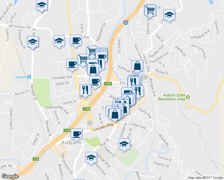 map of restaurants, bars, coffee shops, grocery stores, and more near 230 Reamer Street in Auburn
