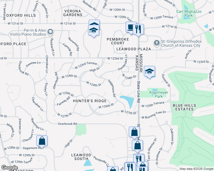 map of restaurants, bars, coffee shops, grocery stores, and more near 12408 Sagamore Road in Leawood
