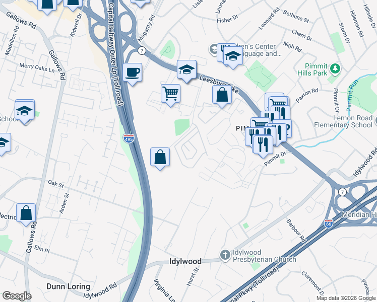 map of restaurants, bars, coffee shops, grocery stores, and more near 2250 Mohegan Drive in Falls Church