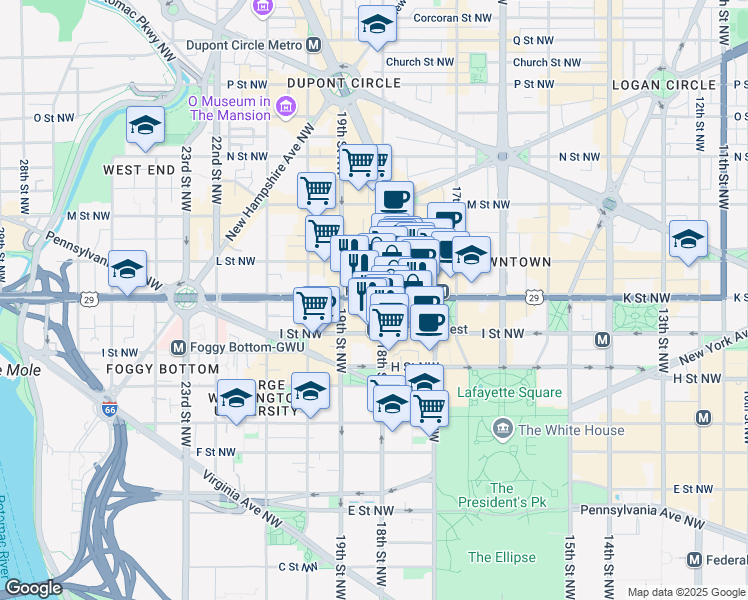 map of restaurants, bars, coffee shops, grocery stores, and more near 1800 K Street Northwest in Washington