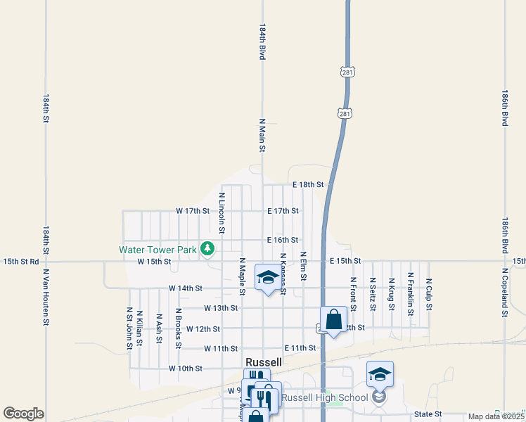 map of restaurants, bars, coffee shops, grocery stores, and more near 101 West 17th Street in Russell