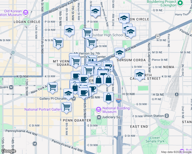 map of restaurants, bars, coffee shops, grocery stores, and more near 450 K Street Northwest in Washington