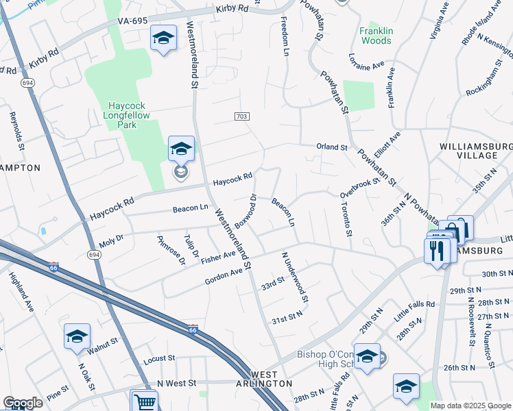 map of restaurants, bars, coffee shops, grocery stores, and more near 22 Boxwood Drive in Falls Church