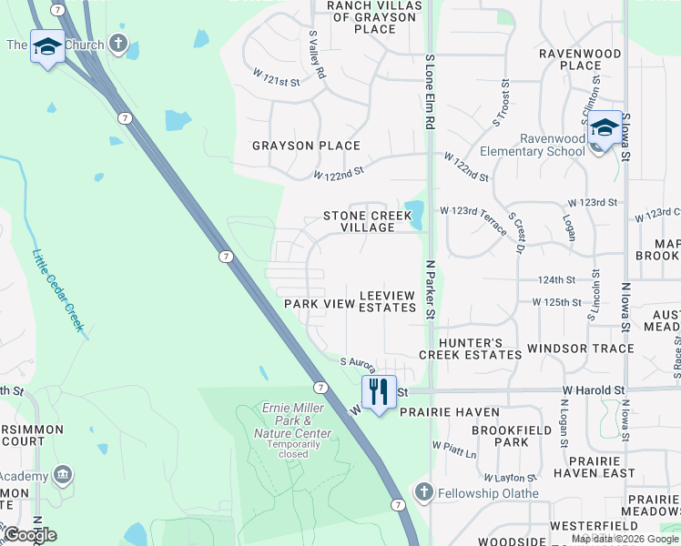map of restaurants, bars, coffee shops, grocery stores, and more near 1311 North Leeview Circle in Olathe