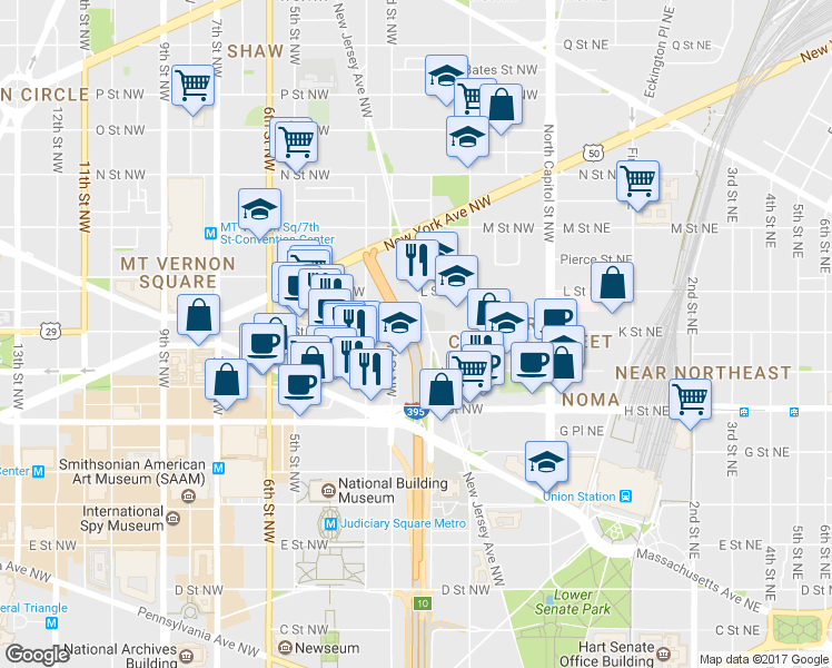 map of restaurants, bars, coffee shops, grocery stores, and more near 200 K Street Northwest in Washington