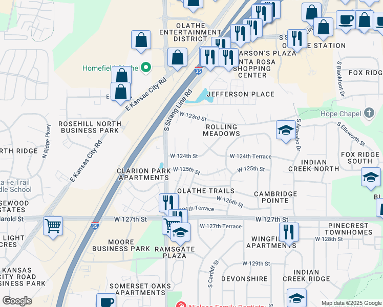 map of restaurants, bars, coffee shops, grocery stores, and more near 12336 South Summertree Circle in Olathe
