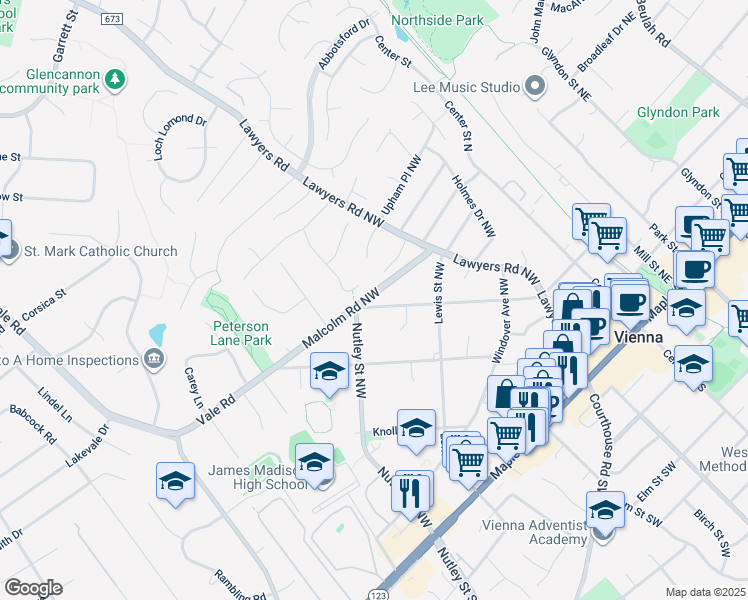 map of restaurants, bars, coffee shops, grocery stores, and more near 480 Malcolm Road Northwest in Vienna