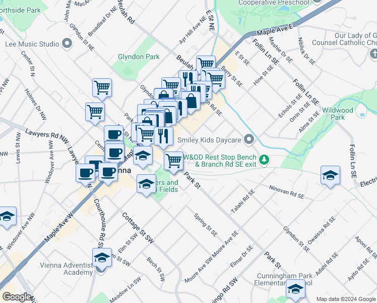 map of restaurants, bars, coffee shops, grocery stores, and more near 202 Park Terrace Court Southeast in Vienna