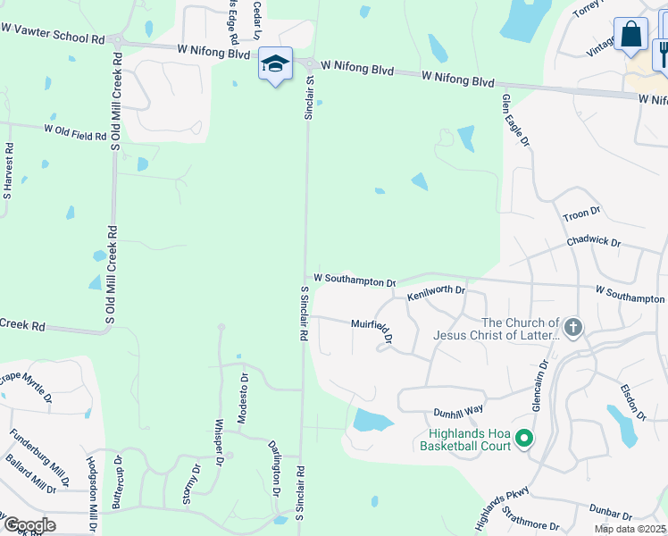 map of restaurants, bars, coffee shops, grocery stores, and more near 2045 West Southampton Drive in Columbia