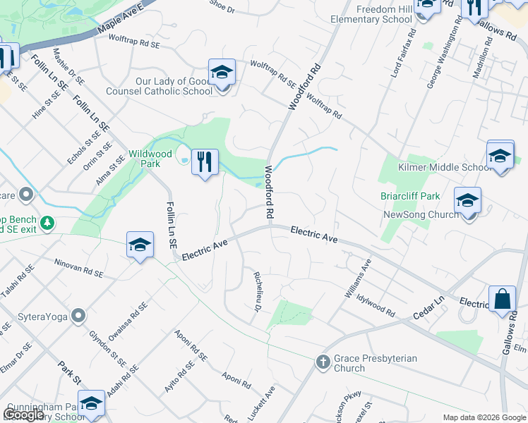 map of restaurants, bars, coffee shops, grocery stores, and more near 2144 Woodford Road in Vienna