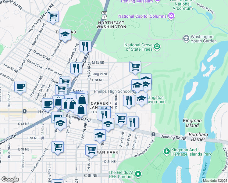 map of restaurants, bars, coffee shops, grocery stores, and more near 101 Independence Avenue Southeast in Washington