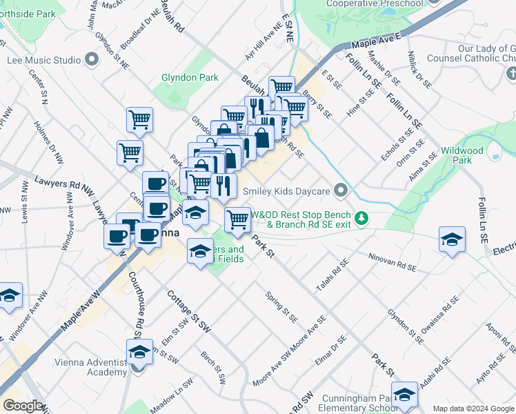 map of restaurants, bars, coffee shops, grocery stores, and more near 202 Park Terrace Court Southeast in Vienna