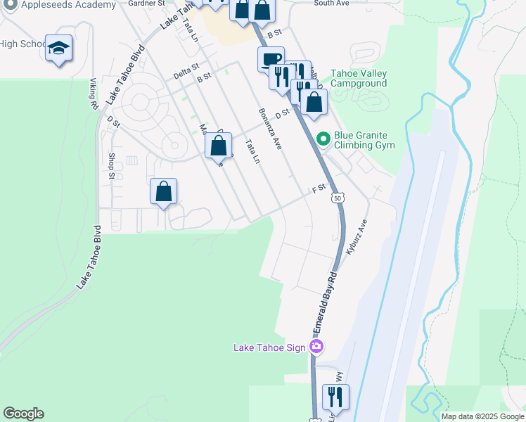 map of restaurants, bars, coffee shops, grocery stores, and more near 1293 Dedi Avenue in South Lake Tahoe