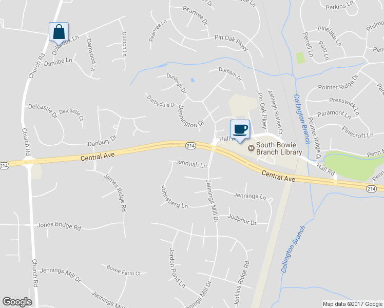 map of restaurants, bars, coffee shops, grocery stores, and more near 15100 Jerimiah Lane in Bowie