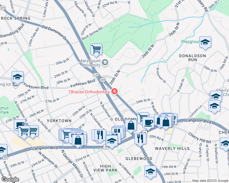 map of restaurants, bars, coffee shops, grocery stores, and more near 4763 Old Dominion Drive in Arlington